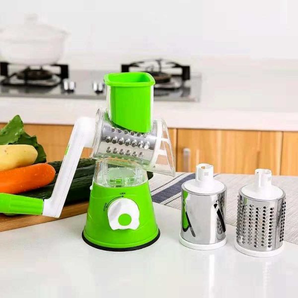 SP Dealz Manual Tabletop Drum Cheese Grater, 3 in 1 Rotary Shredder Slicer Grinder for Cucumber Nut Potato Carrot Cheese, Vegetable Salad Shooter,Green